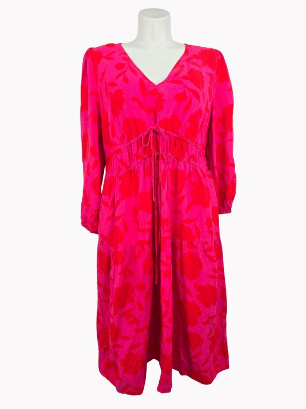 Kate Spade New York 1X Red & Pink Floral Midi Dress With Drawstring Waist